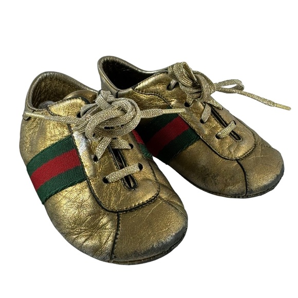 GUCCI Gold Leather Web Low Top Baby Sneakers Made in Italy Marked as 19 - 3.5 US - Picture 4 of 11